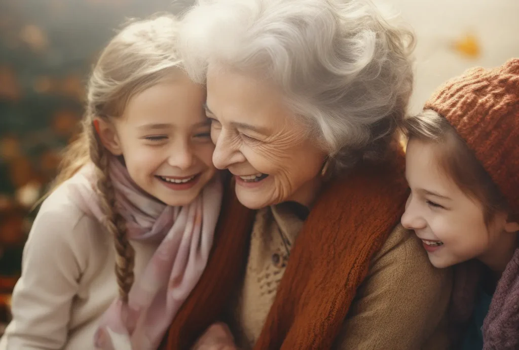 A grandmother smiling and hugging her two grandchildren, emphasizing the importance of maintaining gum health and preventing gum disease for a happy, healthy life.
