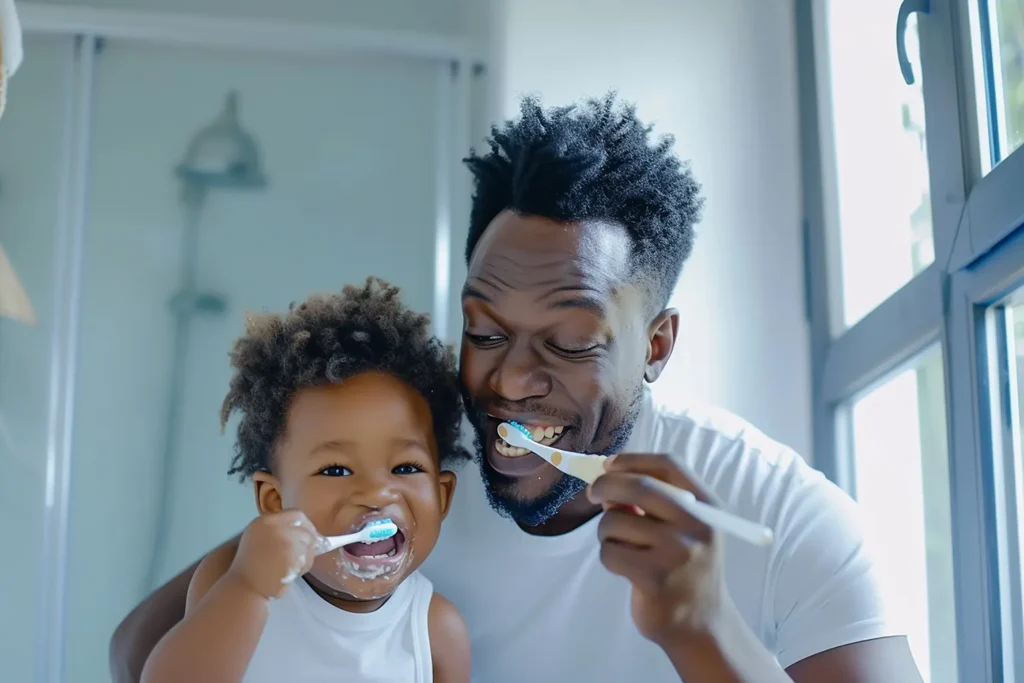 A father and child brushing their teeth together, demonstrating the importance of good oral hygiene to prevent teeth problems.