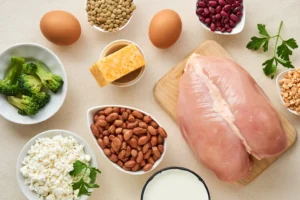 Selection of nutrient-rich foods including chicken, eggs, cheese, beans, broccoli, and milk, essential for dental health.