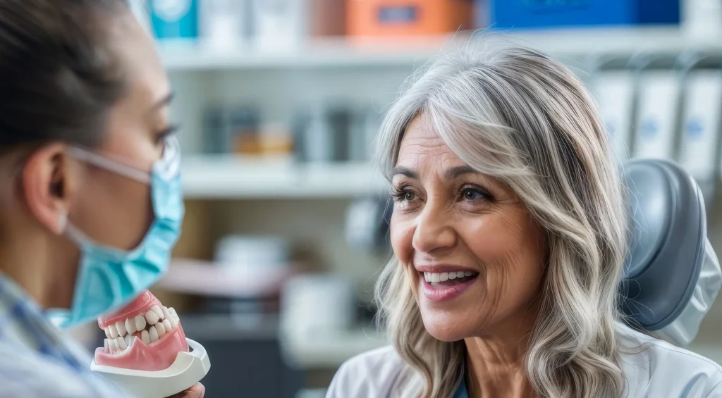 Family Dental Group dentist discussing same-day crowns with a senior patient using a dental model.