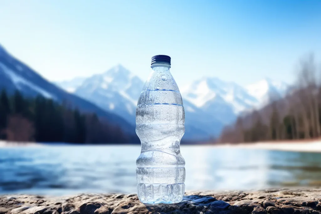 A water bottle placed in front of a scenic mountain backdrop, illustrating the importance of hydration for oral health during winter as recommended by Family Dental Group in their guide on how to keep your teeth safe.