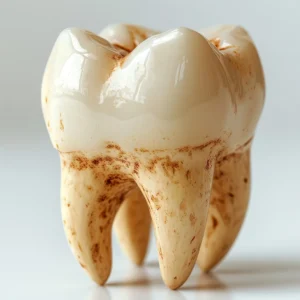 Close-up of a ceramic tooth with brown spots, illustrating common dental problems such as tooth decay and staining. Family Dental Group provides effective treatments and preventive care for maintaining healthy teeth.