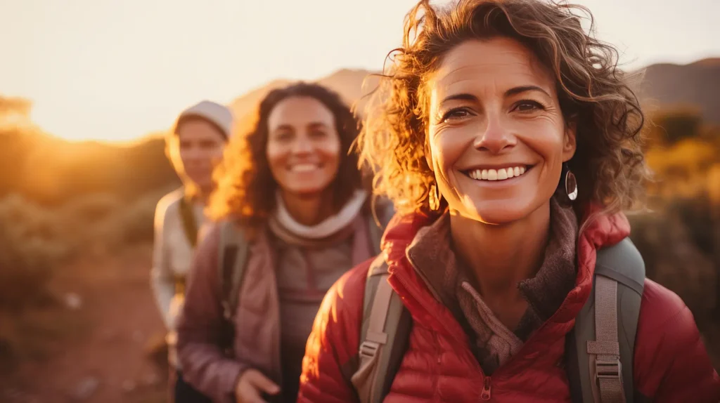 Group of senior women enjoying a hike at sunset, promoting healthy lifestyles and radiant smiles, illustrating the importance of addressing common dental problems. Family Dental Group emphasizes the benefits of good oral health for active individuals.