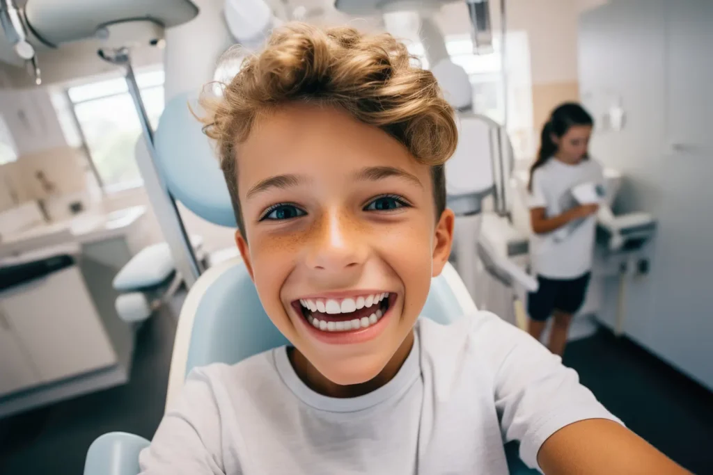 Family Dental Group emphasizes the essential benefits of family dental checkups. A happy boy smiles in a dental chair.