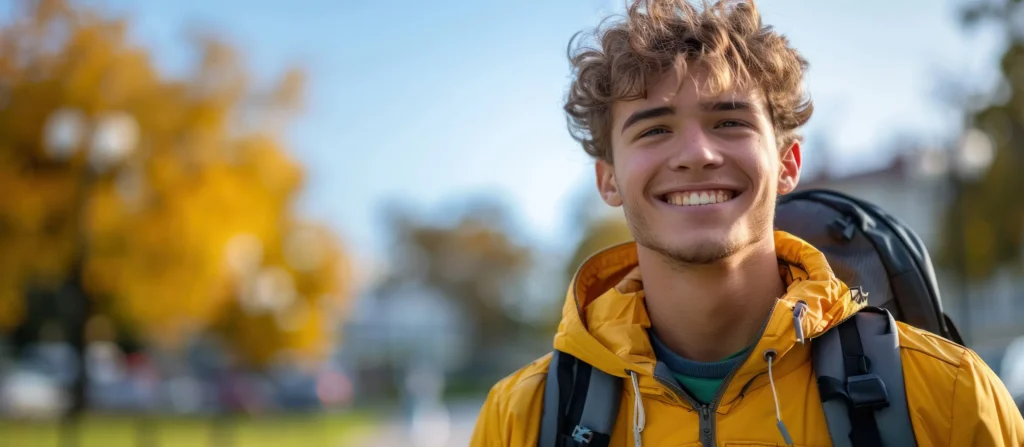 Smiling young man with a backpack enjoying the outdoors, showcasing his straight teeth thanks to ClearCorrect Aligners from Family Dental Group in Missoula, MT.