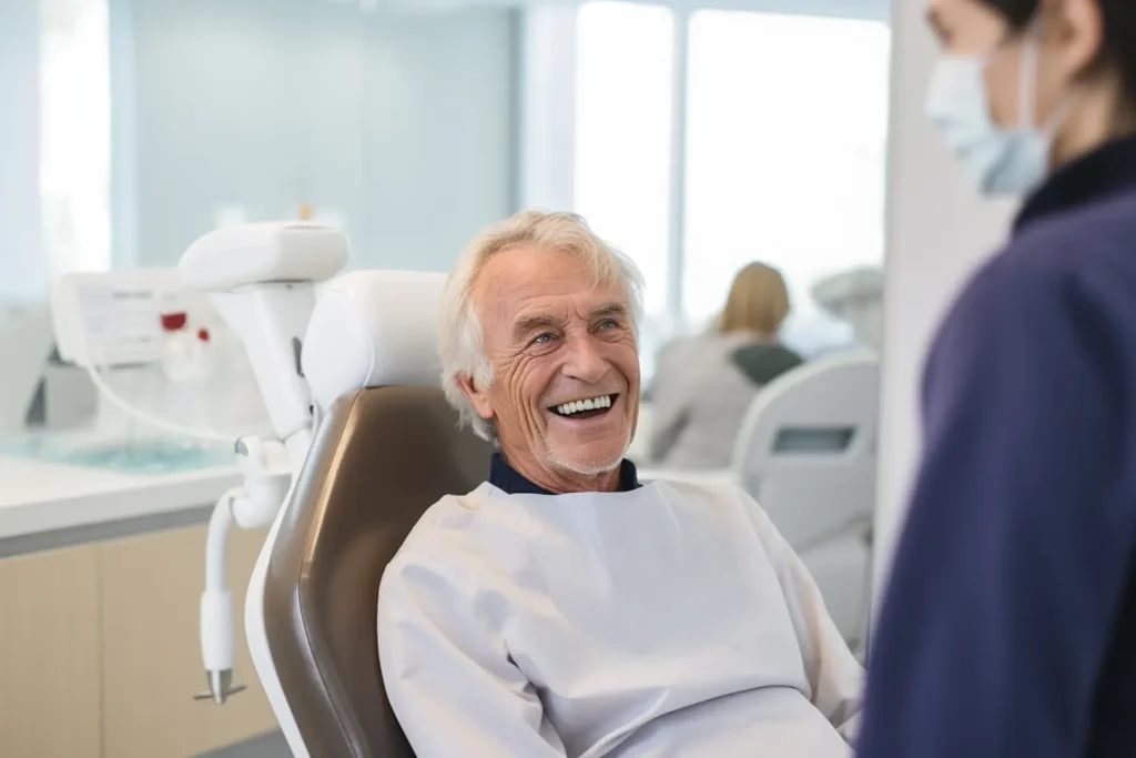 Elderly man smiling during a dental visit, showcasing the importance of maintaining oral health to prevent gum disease, with care provided by Family Dental Group.