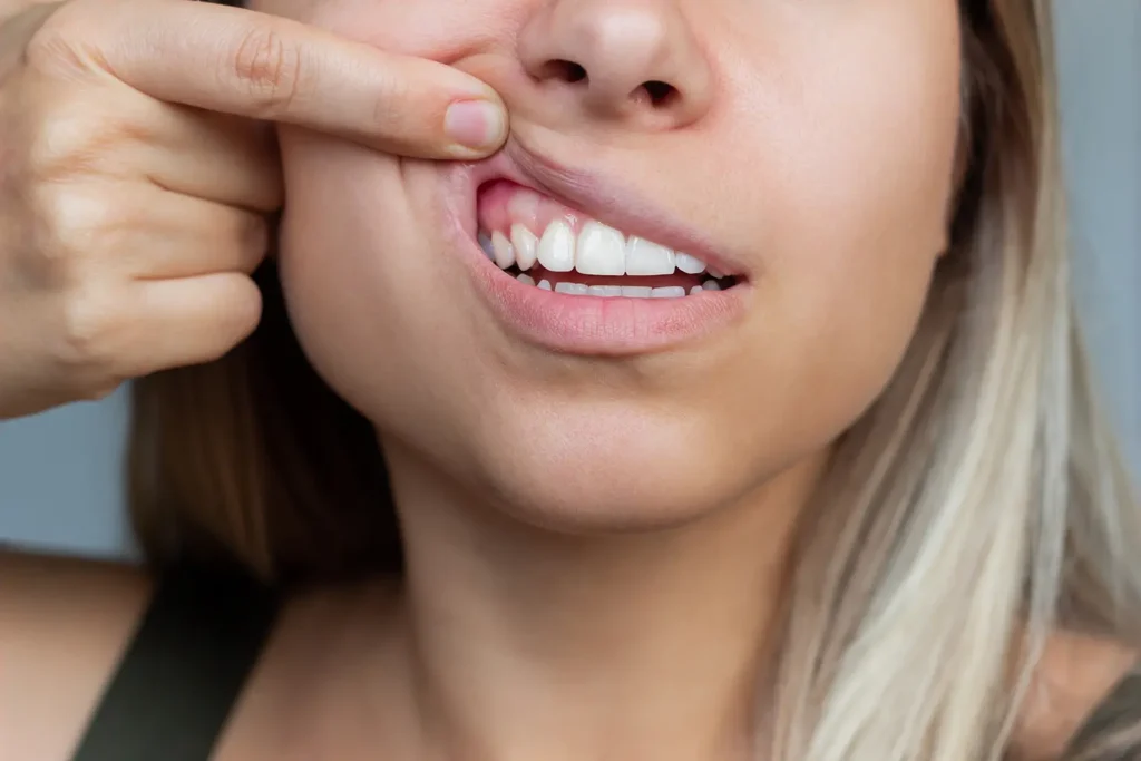 Close-up of a young woman pulling back her lip to show healthy gums, discussing the proper flossing techniques and whether flossing can cause receding gums.