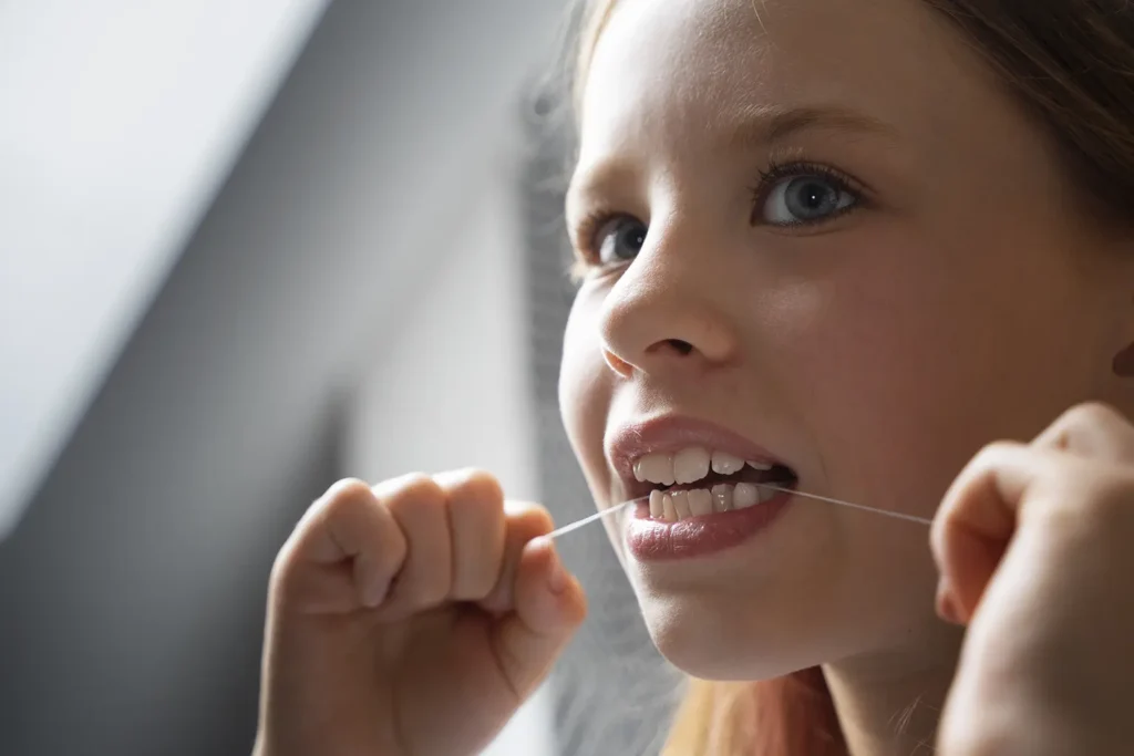 Close-up of a young girl flossing her teeth, demonstrating proper technique and addressing the concern of whether flossing can cause receding gums.