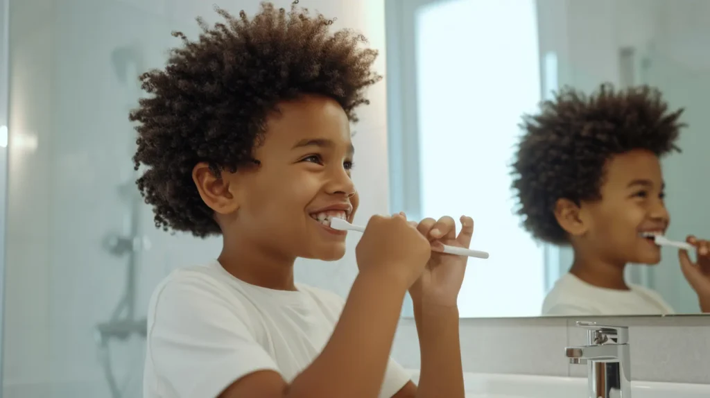 Young boy brushing his teeth in front of a mirror, practicing good oral hygiene to prevent cavities, as recommended by his Missoula Dentist.