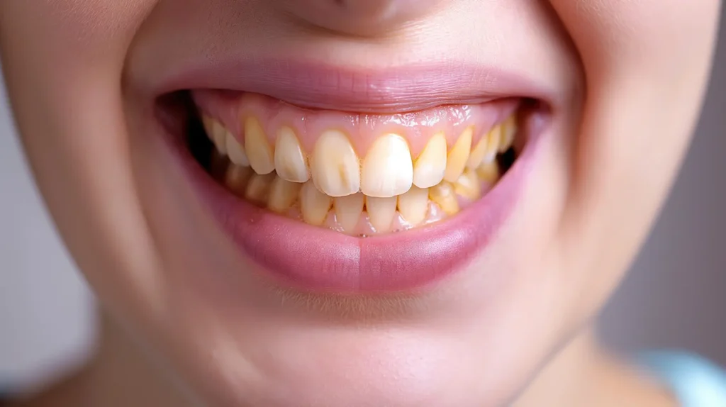 Close-up of yellowed teeth, illustrating the long-term effects of poor dental hygiene and the importance of preventative care, as advised by Family Dental Group.